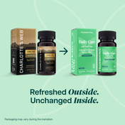Product Image for Charlotte&#39;s Web CBD products on a light green background with text &#39;Refreshed Outside. Unchanged Inside.&#39;