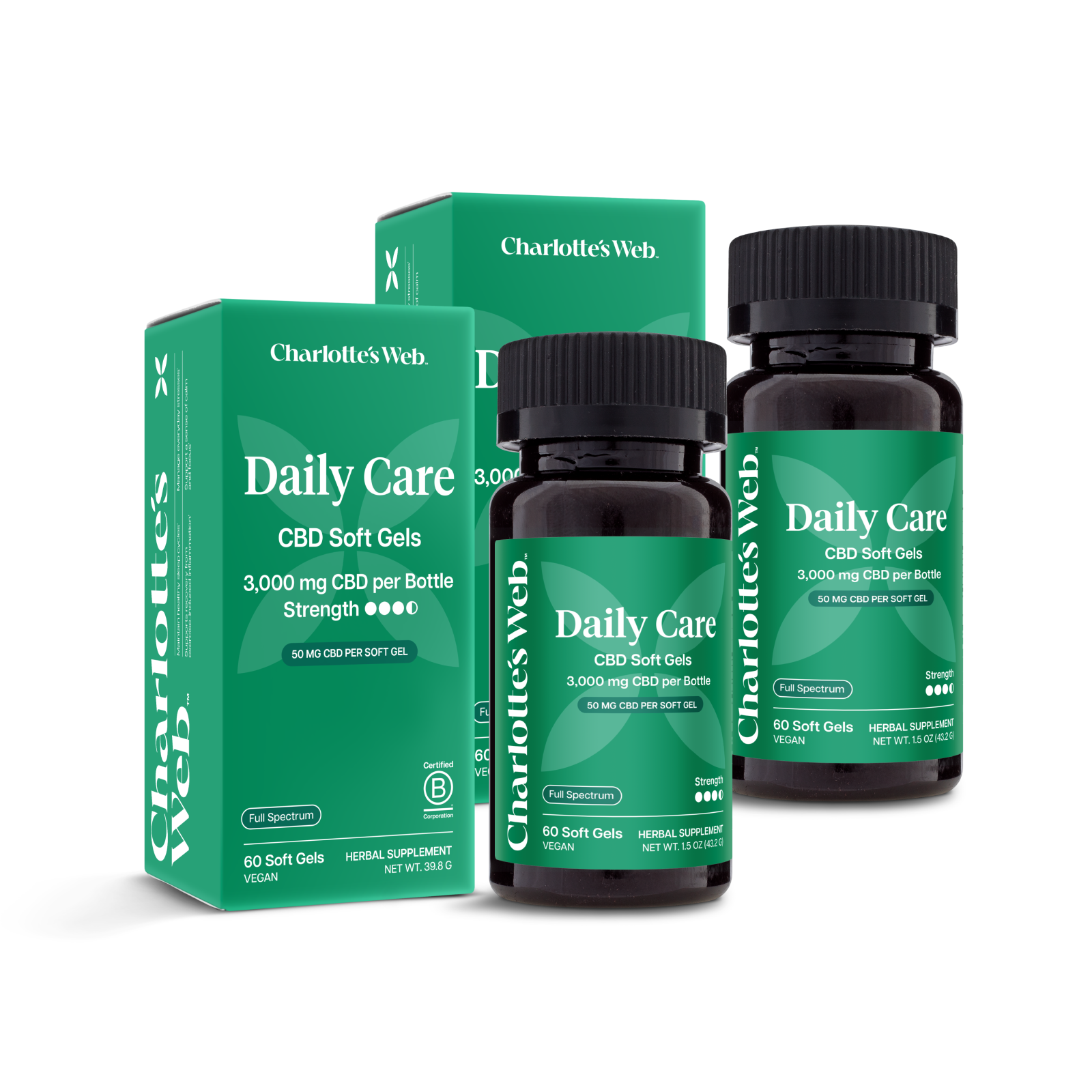 Product Image for Charlotte&#39;s Web Daily Care CBD Soft Gels packaging on a white background