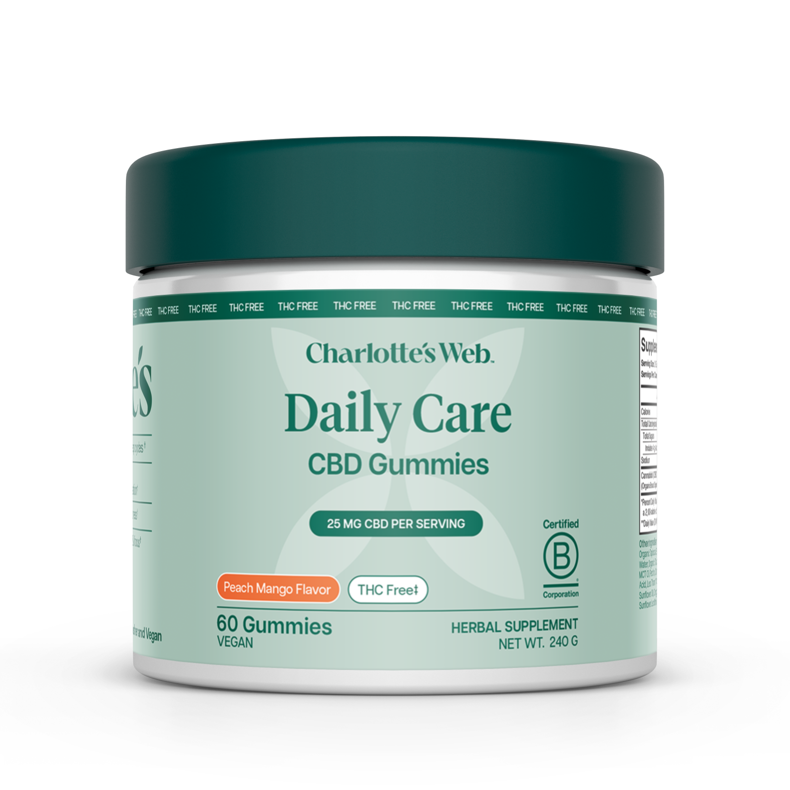 Jar of Charlotte's Web Daily Care 25mg CBD Gummies on a white background