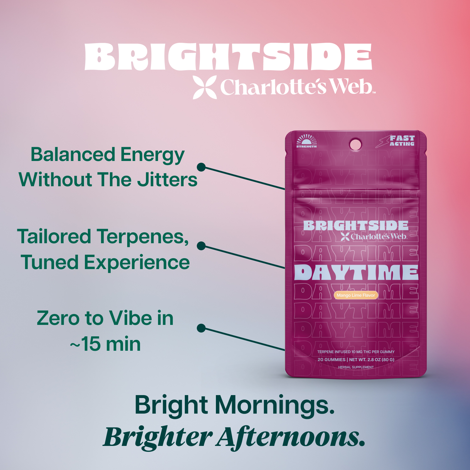 Purple package of Charlotte's Web Brightside Daytime gummies with text about product benefits.