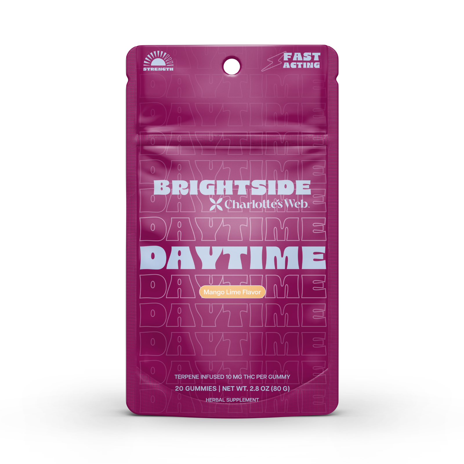 Purple packaging of Charlotte's Web Brightside Daytime gummies on a white background