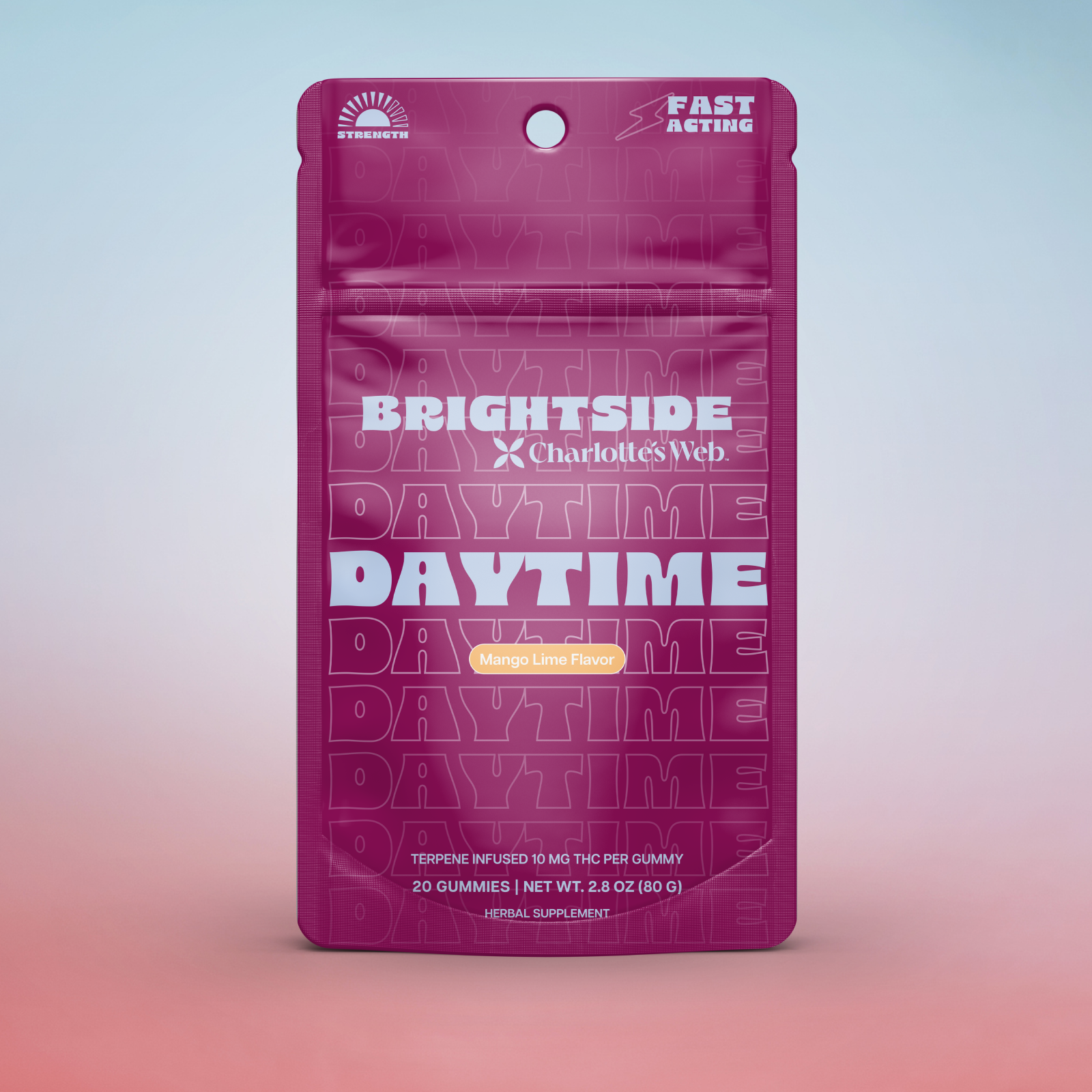 Product Image for Purple package of Charlotte's Web Brightside THC Daytime gummies on a gradient background