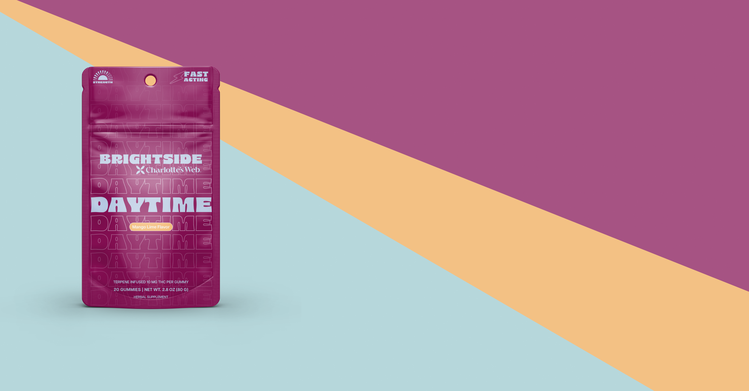 Purple package of Charlotte's Web Brightside Daytime gummies on a blue, orange, and purple background