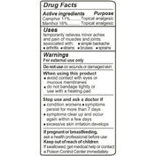 Product Image for Drug facts label for a topical analgesic product with active ingredients and usage instructions.