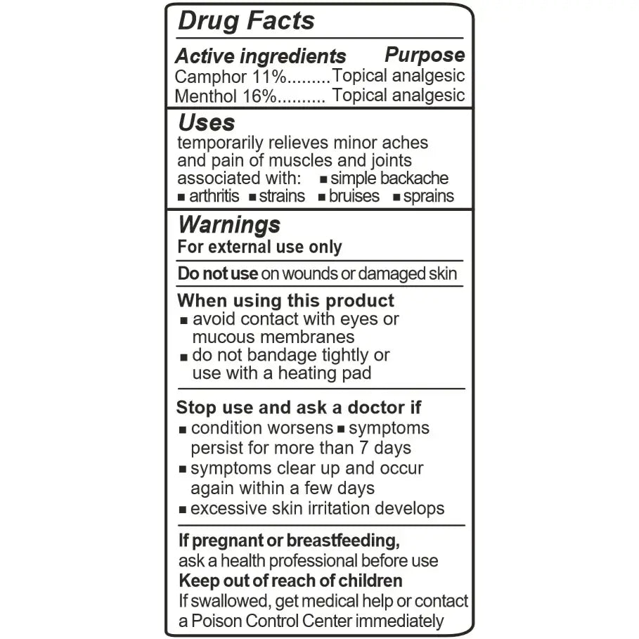 Product Image for Drug facts label for a topical analgesic product with active ingredients and usage instructions.