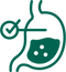 Icon of a stomach with a check mark and a cross, symbolizing a happy digestive system