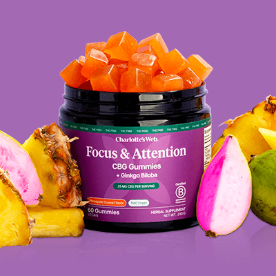 Jar of Charlotte's Web Focus & Attention CBG Gummies with tropical fruits on a purple background