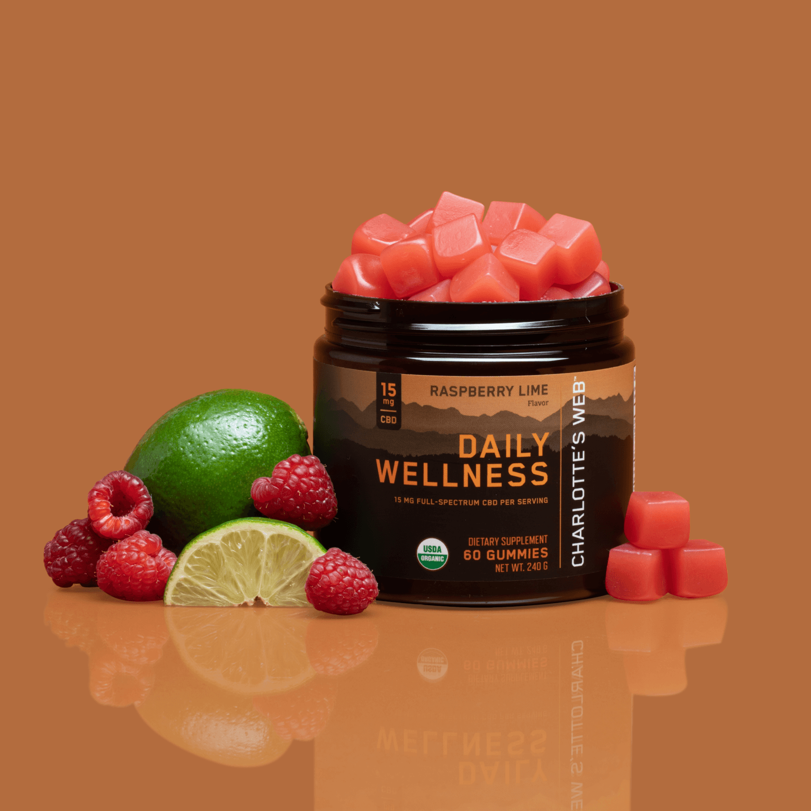 Jar of Charlotte's Web Daily Wellness gummies with raspberries and limes on a brown background