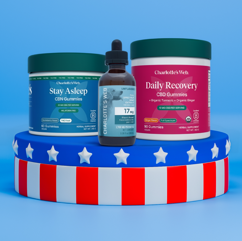 Charlotte's Web gummies and oil products on a blue background