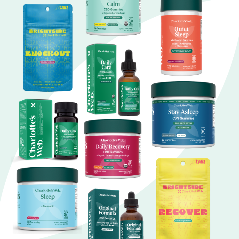A collage of multiple Charlotte Web wellness products, including gummies, capsules, and tinctures arranged on a white background with pale mint corner shapes.