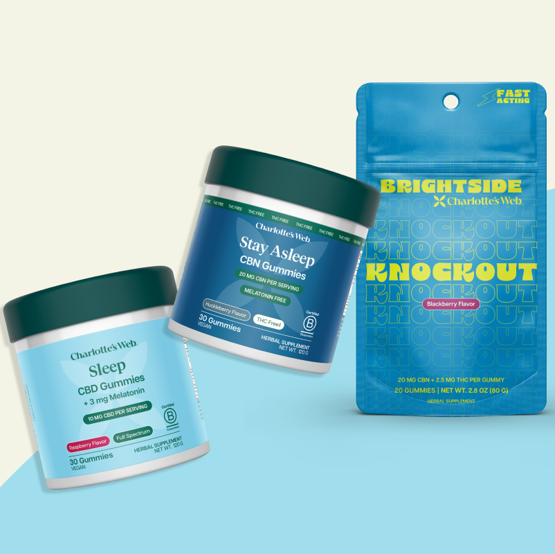 Three Charlotte's Web sleep support products called Sleep, Stay Asleep, and Knockout arranged on a light blue and cream background