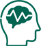 Green silhouette of a head with a brain and heartbeat line on a white background