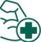 Green icon of a arm muscle with a cross symbol on a white background
