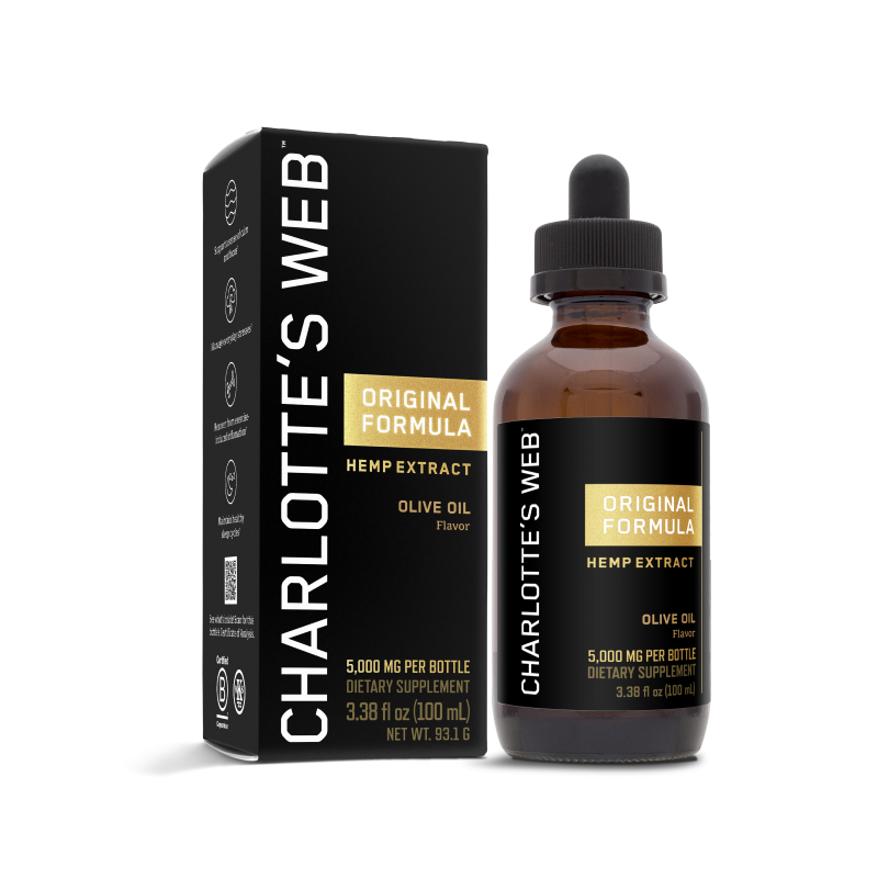 Product Image for Charlotte&#39;s Web hemp extract bottle and packaging on a white background