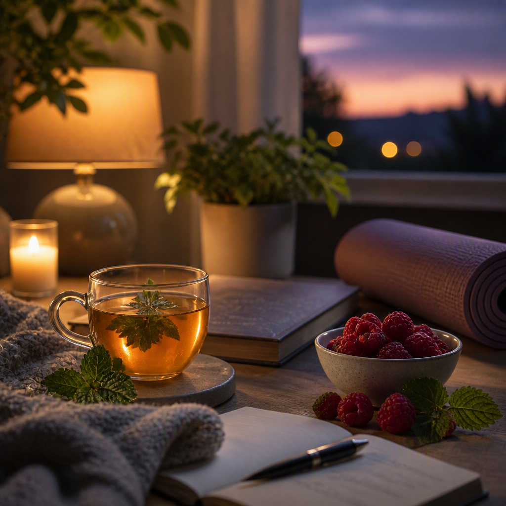 A cozy evening tabletop scene with a clear glass mug filled with amber tea and mint leaves, surrounded by a knitted blanket, notebook, pen, bowl of raspberries, a rolled exercise mat, books, plants, and a lit lamp. A window in the background shows a sunset over water.