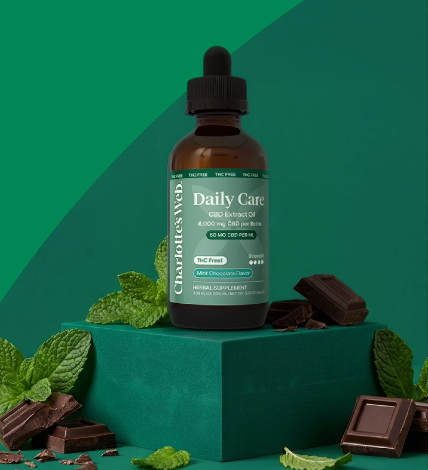 Daily Care 60 mg broad-spectrum CBD oil with mint leaves and chocolate pieces on a green background