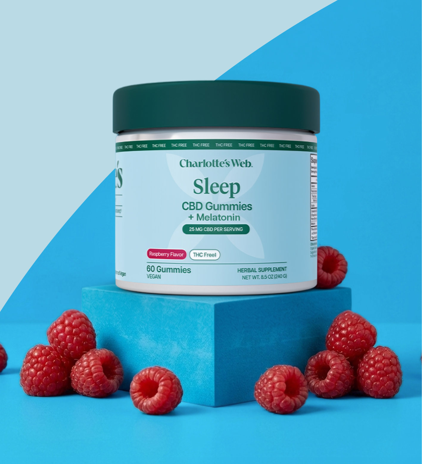 Charlotte's Web Sleep gummies with 25mg broad-spectrum CBD on a blue background with raspberries