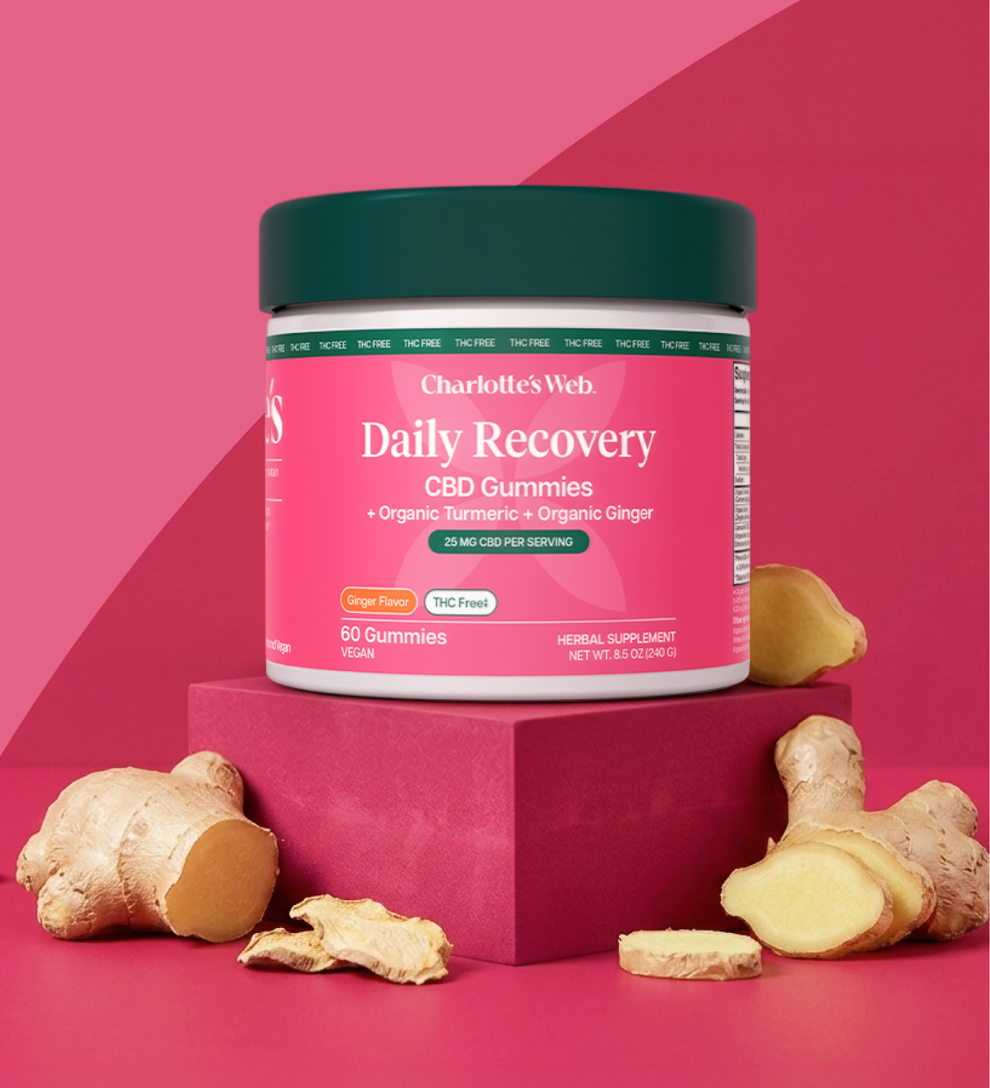 Charlotte's Web 25 mg broad-spectrum CBD gummies jar with ginger pieces on a pink background