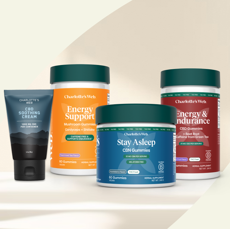 Collection of Charlotte's Web products including cream, gummies for sleep and energy support on a beige background