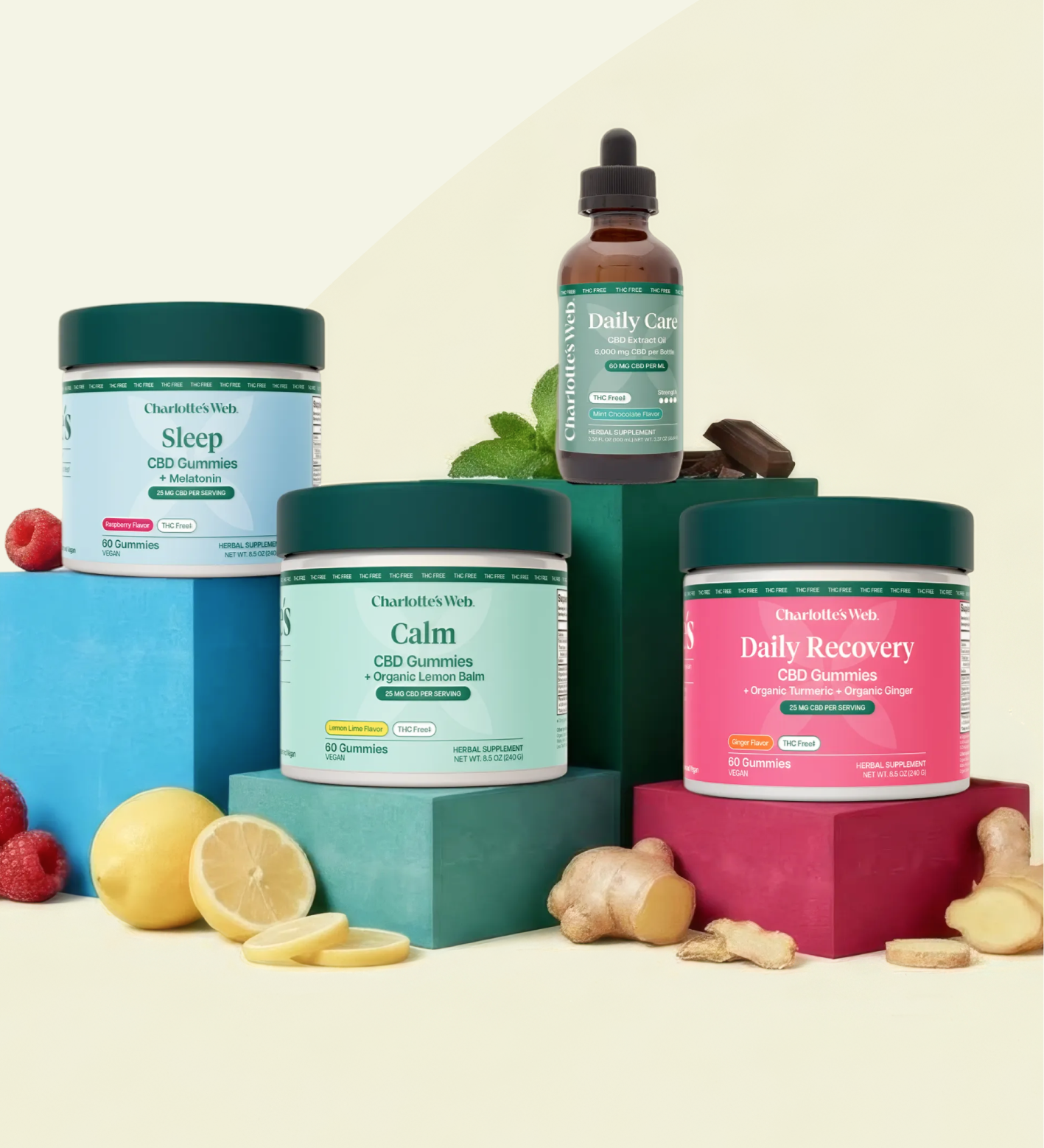 Charlotte's Web broad-spectrum CBD products for Sleep, Calm, Recovery, and Daily Care Oil with raspberries, lemons, ginger, and chocolate pieces.