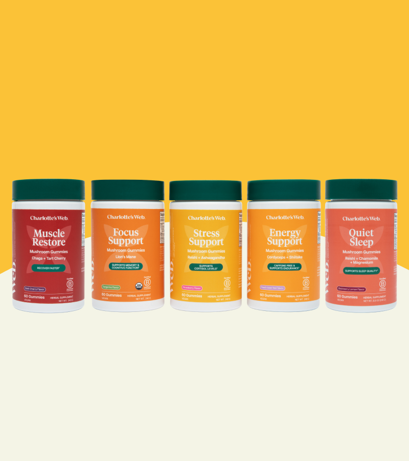 Five bottles of 'Mushroom Gummies' products on a white surface with a yellow background