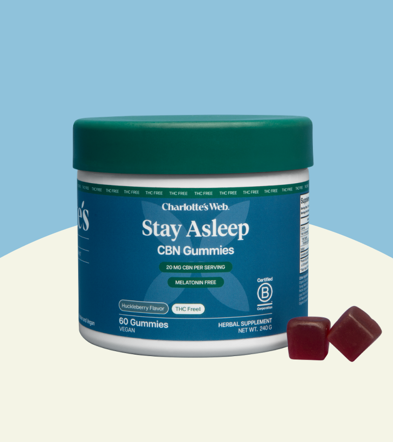 Jar of 'Stay Asleep' Gummies on a white surface with a blue background