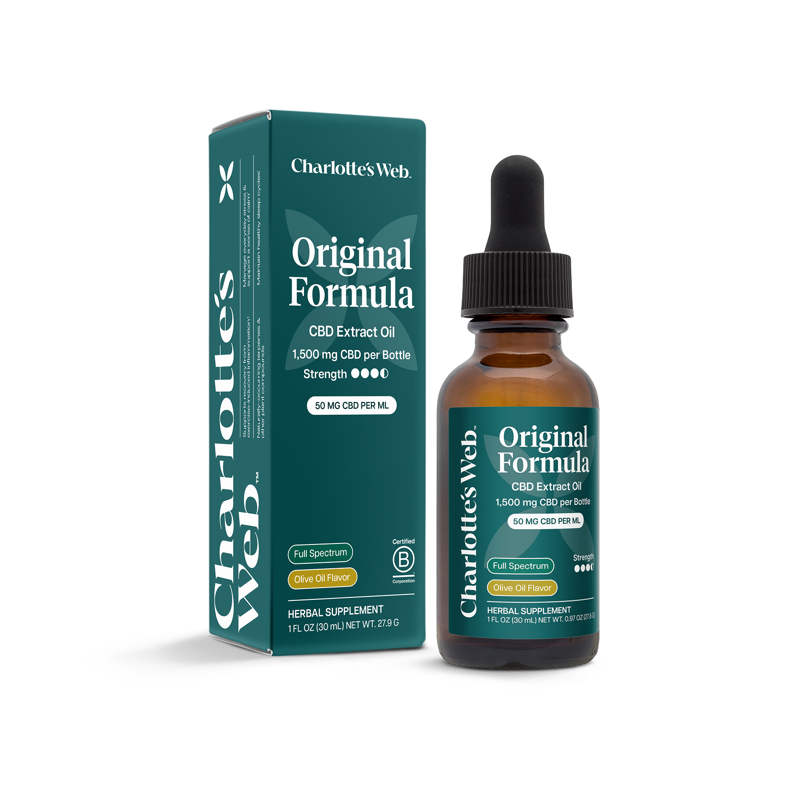 Product Image for Charlotte's Web Original Formula CBD Extract Oil bottle and packaging on a white background