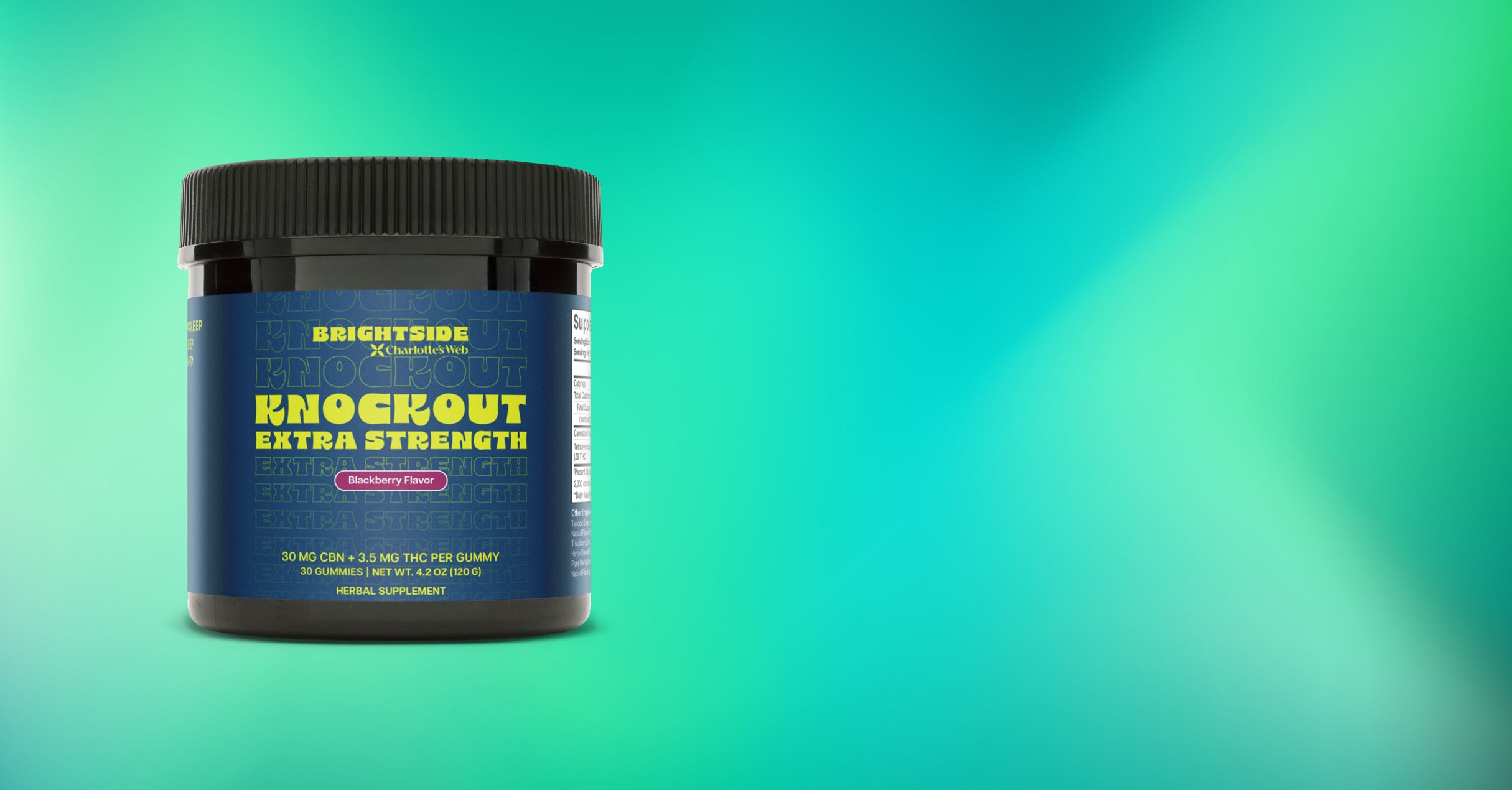 Container of 'Knockout Extra Strength' on a gradient green and blue background