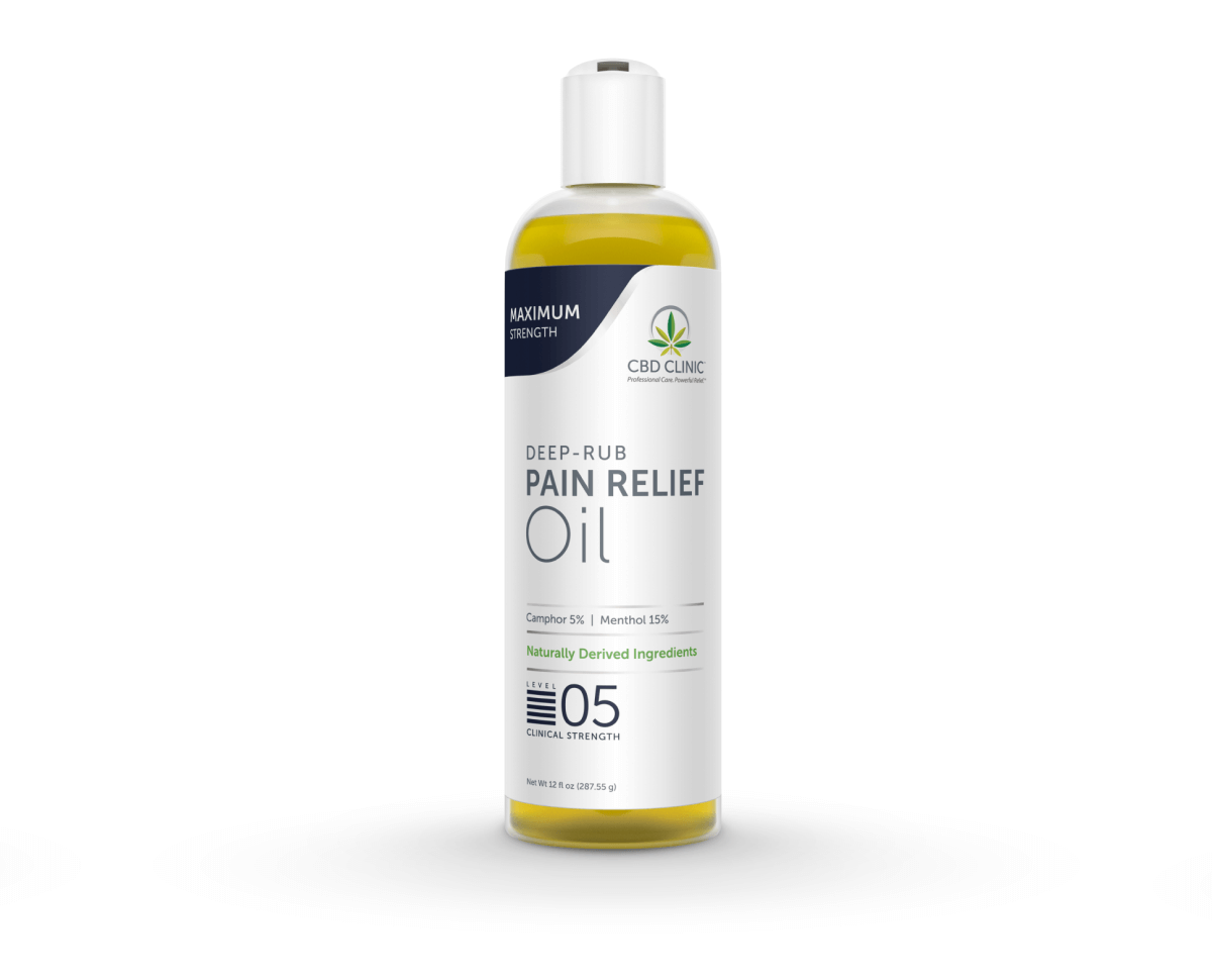 Bottle of deep-rub pain relief oil on a white background