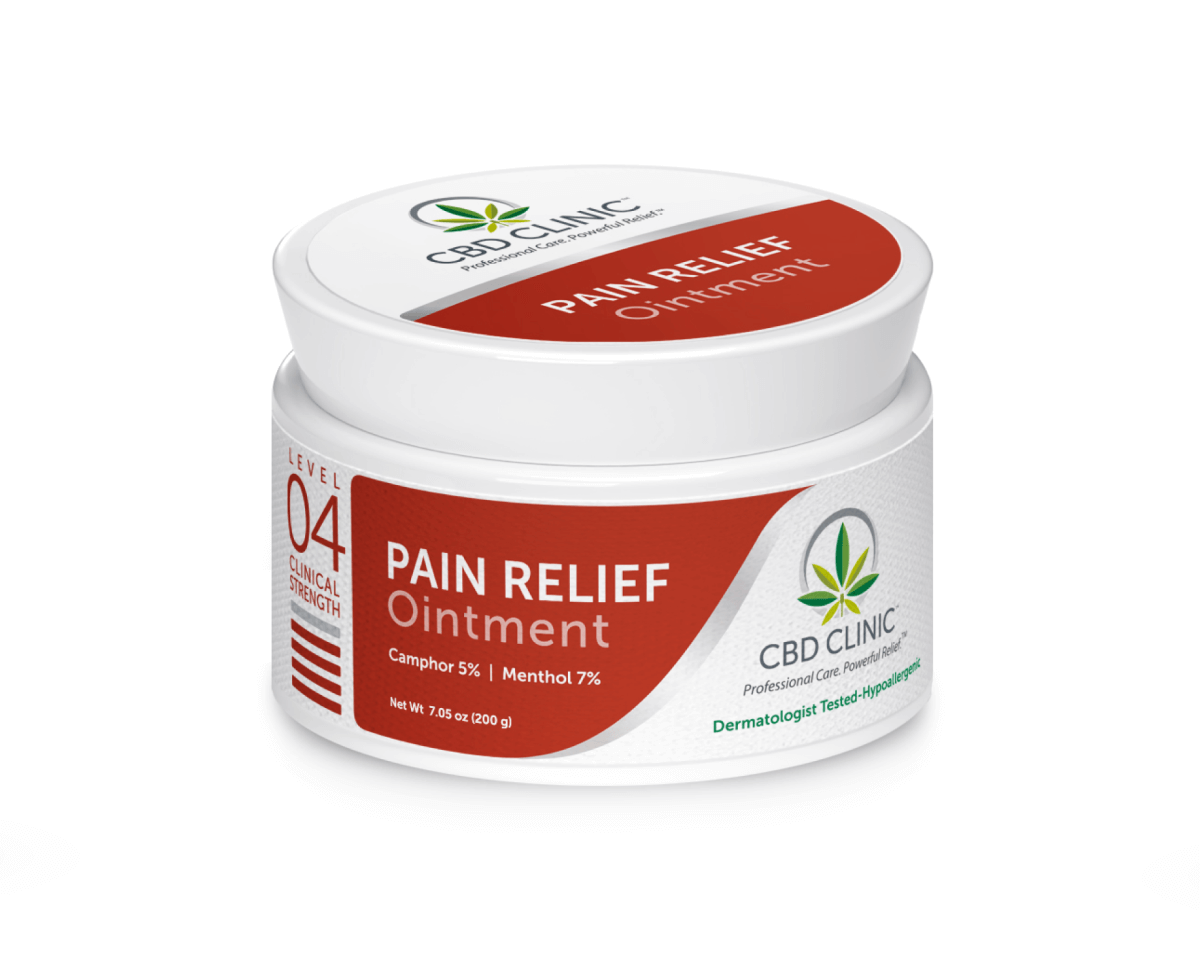 Jar of CBD Clinic Pain Relief Ointment on a white background