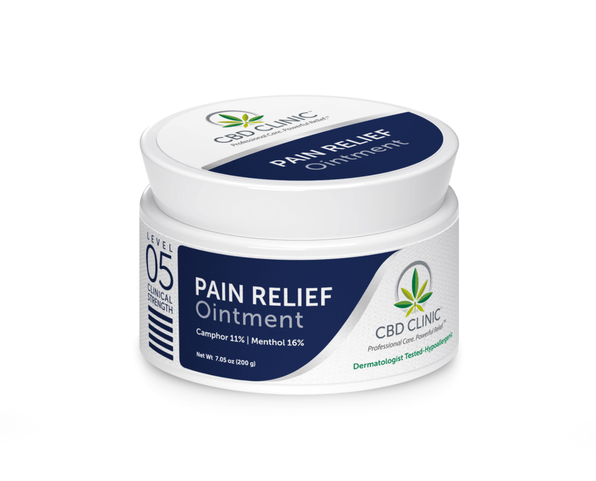 Jar of CBD Clinic Pain Relief Ointment on a white background