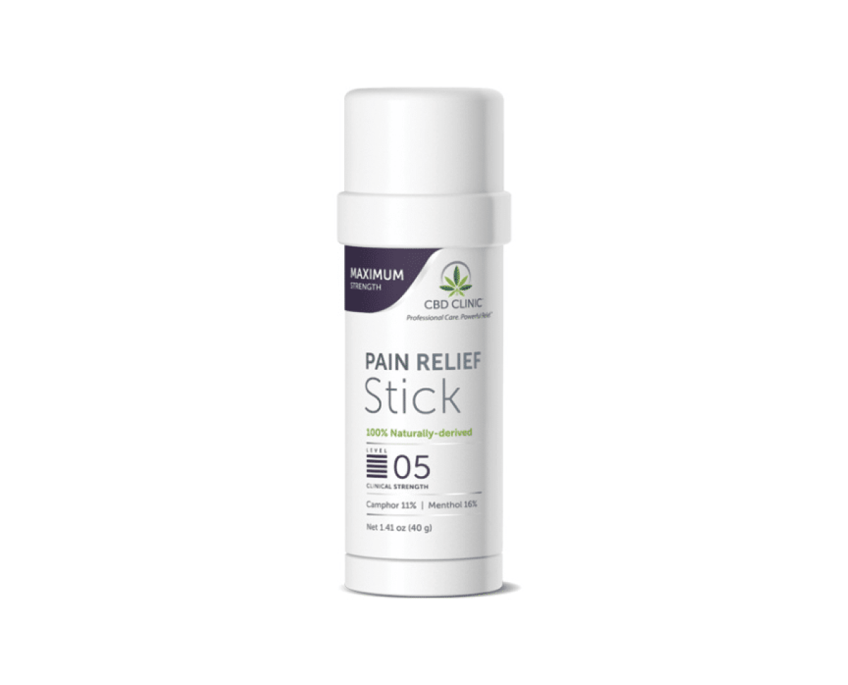 Pain relief stick with 'CBD Clinic' branding on a white background