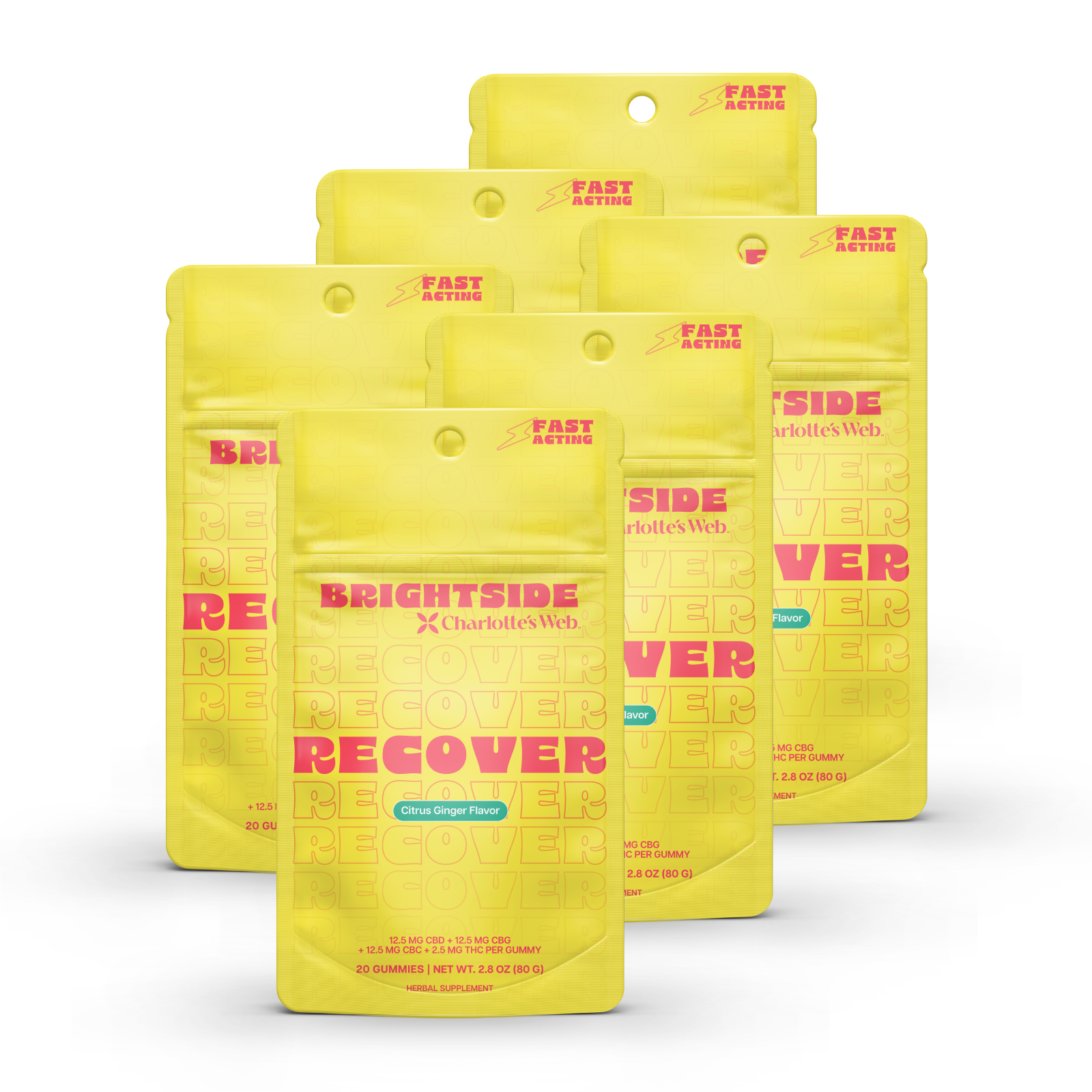 Product Image for Yellow packages of Brightside Recover by Charlotte&#39;s Web on a white background
