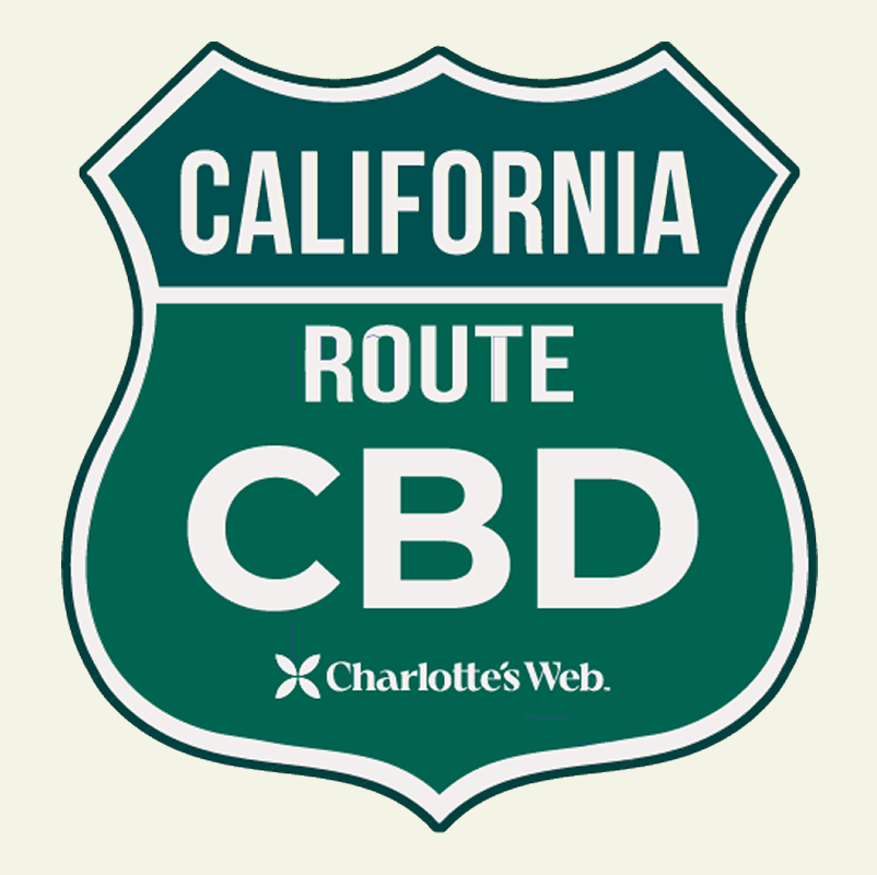 A green shield-shaped logo on a light cream background reading 'CALIFORNIA ROUTE CBD' with Charlotte's Web logo below.