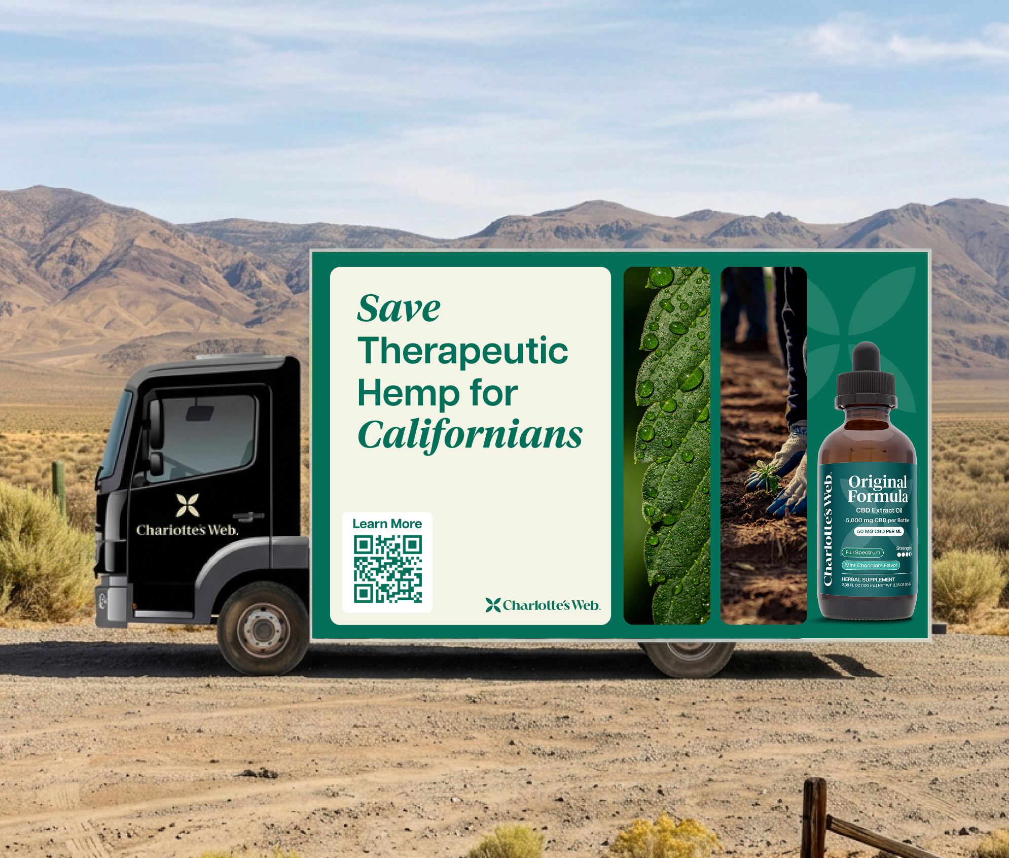 A large black 'Charlotte's Web' truck with a sign that reads 'Save Therapeutic Hemp for Californians' with a QR code, a green plant , a person harvesting hemp, and a bottle labeled 'Original Formula'  in a desert landscape