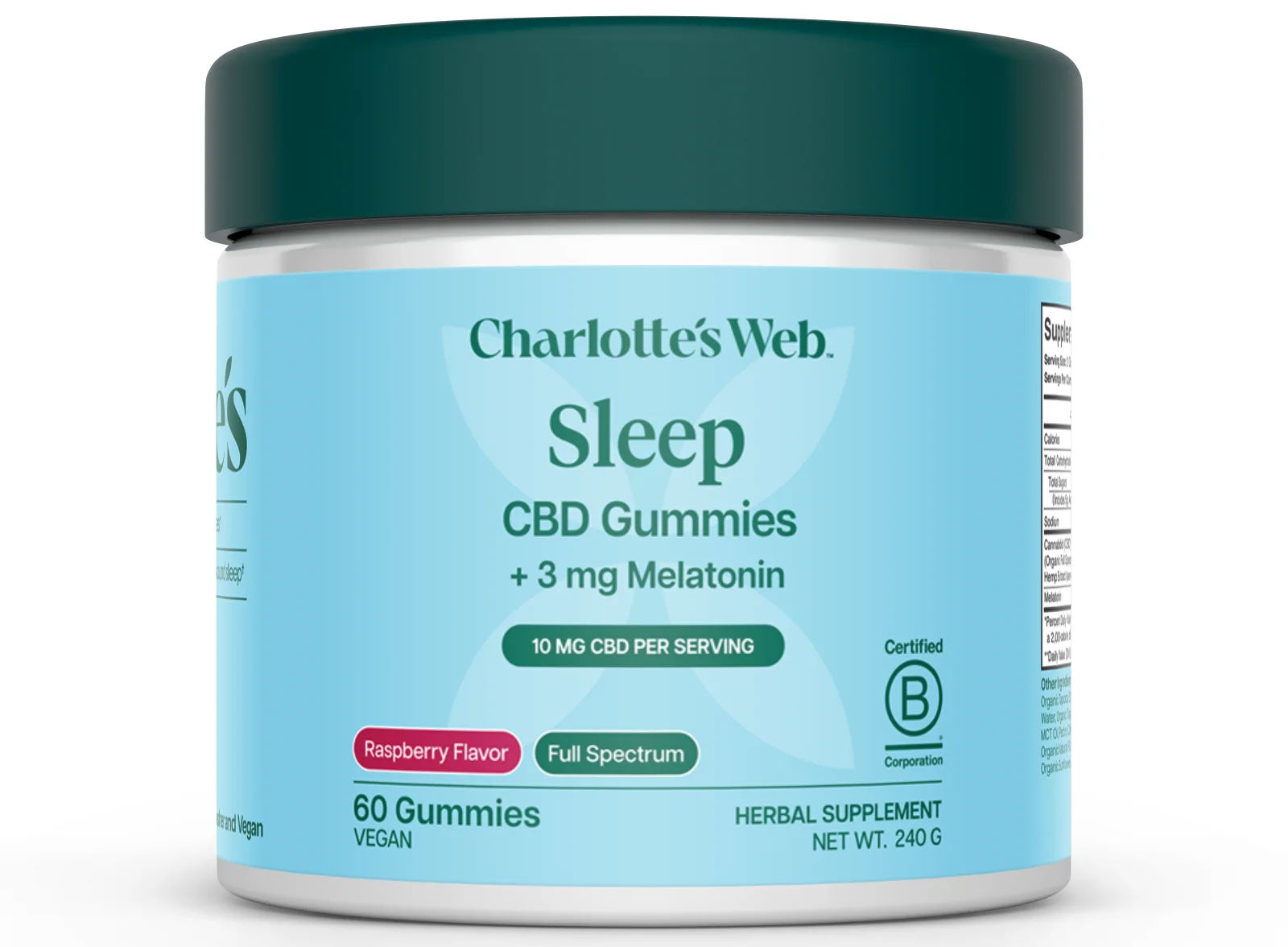 Charlotte's Web Sleep CBD Gummies plus 3 mg Melatonin in a white plastic jar with a dark teal-green lid and a light blue label.