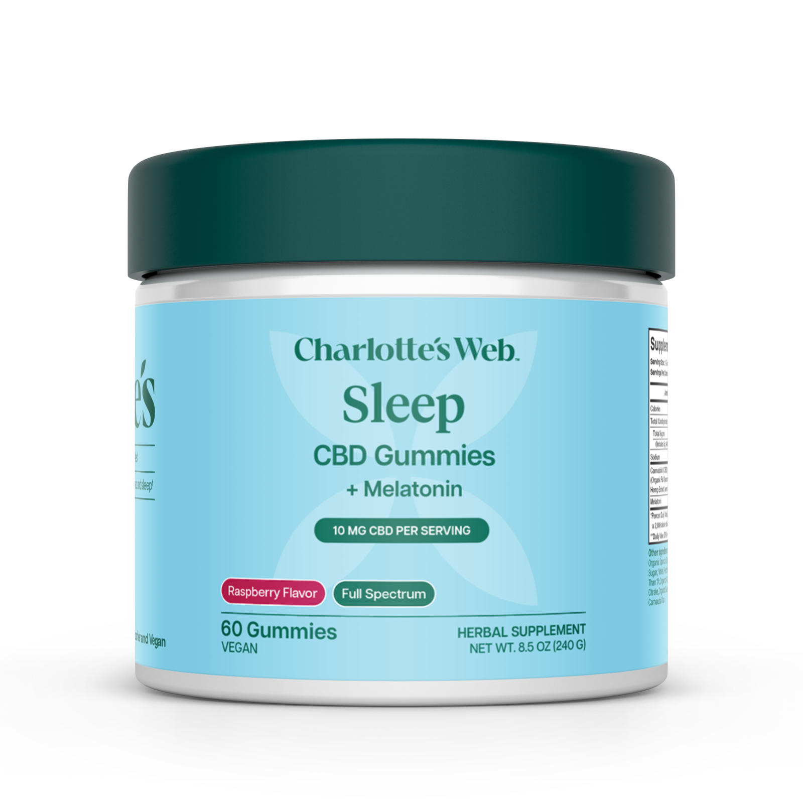Charlotte's Web Sleep CBD Gummies + Melatonin container on a white background.