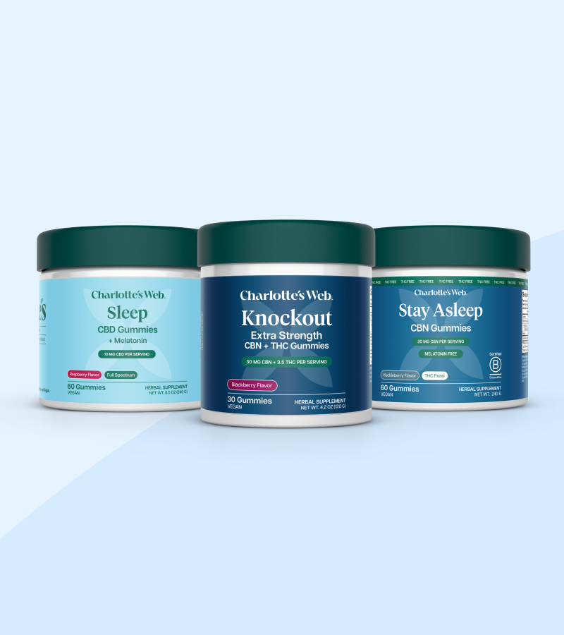Charlotte's Web Sleep, Knockout, and Stay Asleep Jars on soft blue toned background