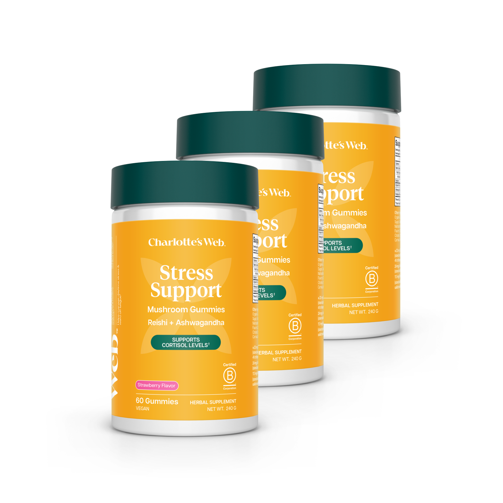 Product Image for Stress Support Mushroom Gummies Bundle by Charlotte&#39;s Web, featuring Reishi, Ashwagandha in strawberry flavor.