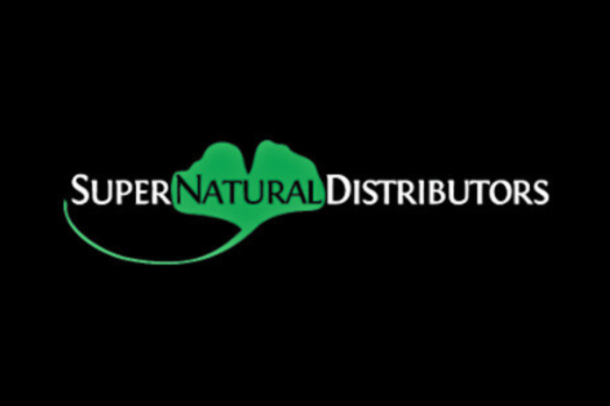 Logo of Supernatural Distributors with a green leaf on a black background
