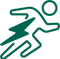 Green icon of a person running with a lightning bolt on a white background