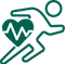 Green icon of a person running with a heart and heartbeat line on a white background