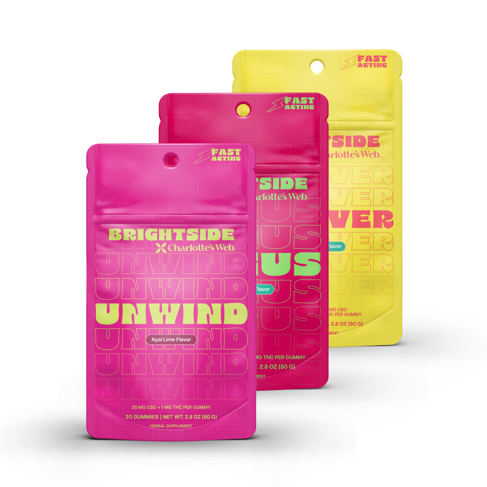 Three Charlotte's Web product packages in pink and yellow on a white background