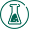 Green icon of a beaker with a circular border on a white background