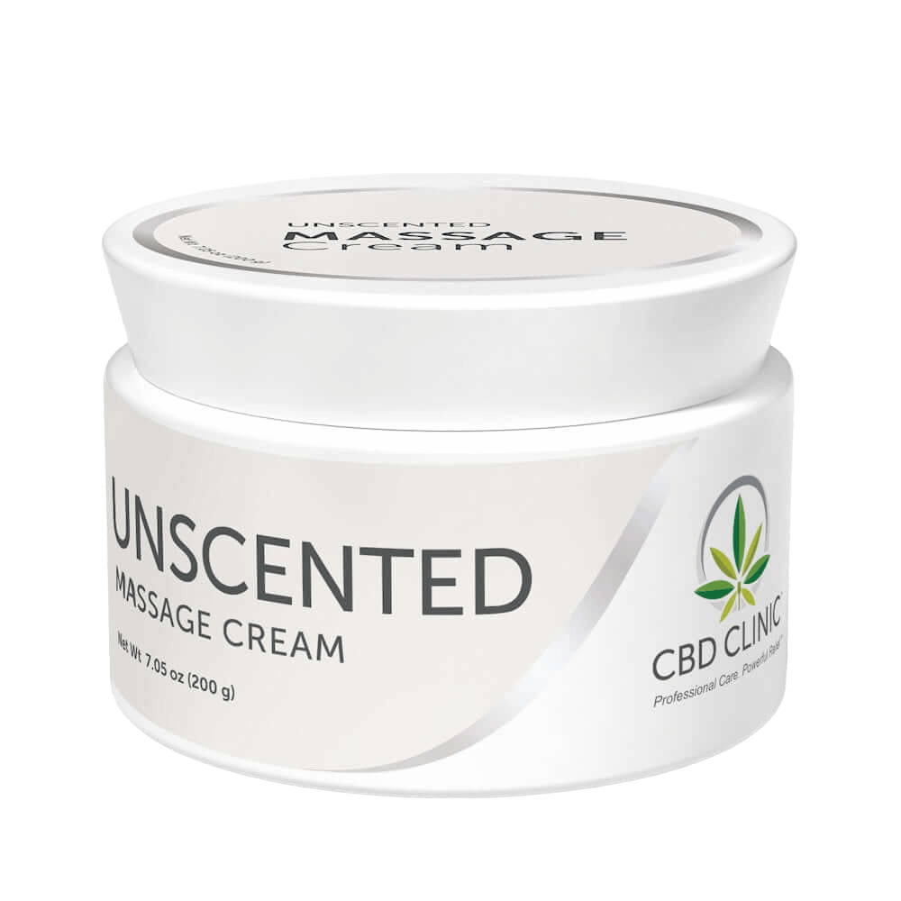 Jar of unscented massage cream with CBD Clinic branding on a white background