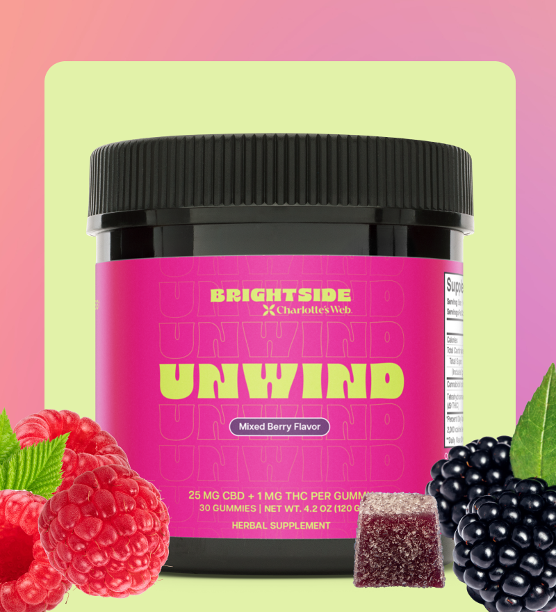 Charlotte's Web Brightside Unwind Mixed Berry with raspberries and blackberries on a gradient background