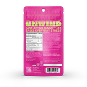 Product Image for Pink supplement package labeled &#39;Unwind&#39; with text about fast-acting gummies easing stress on a white background.
