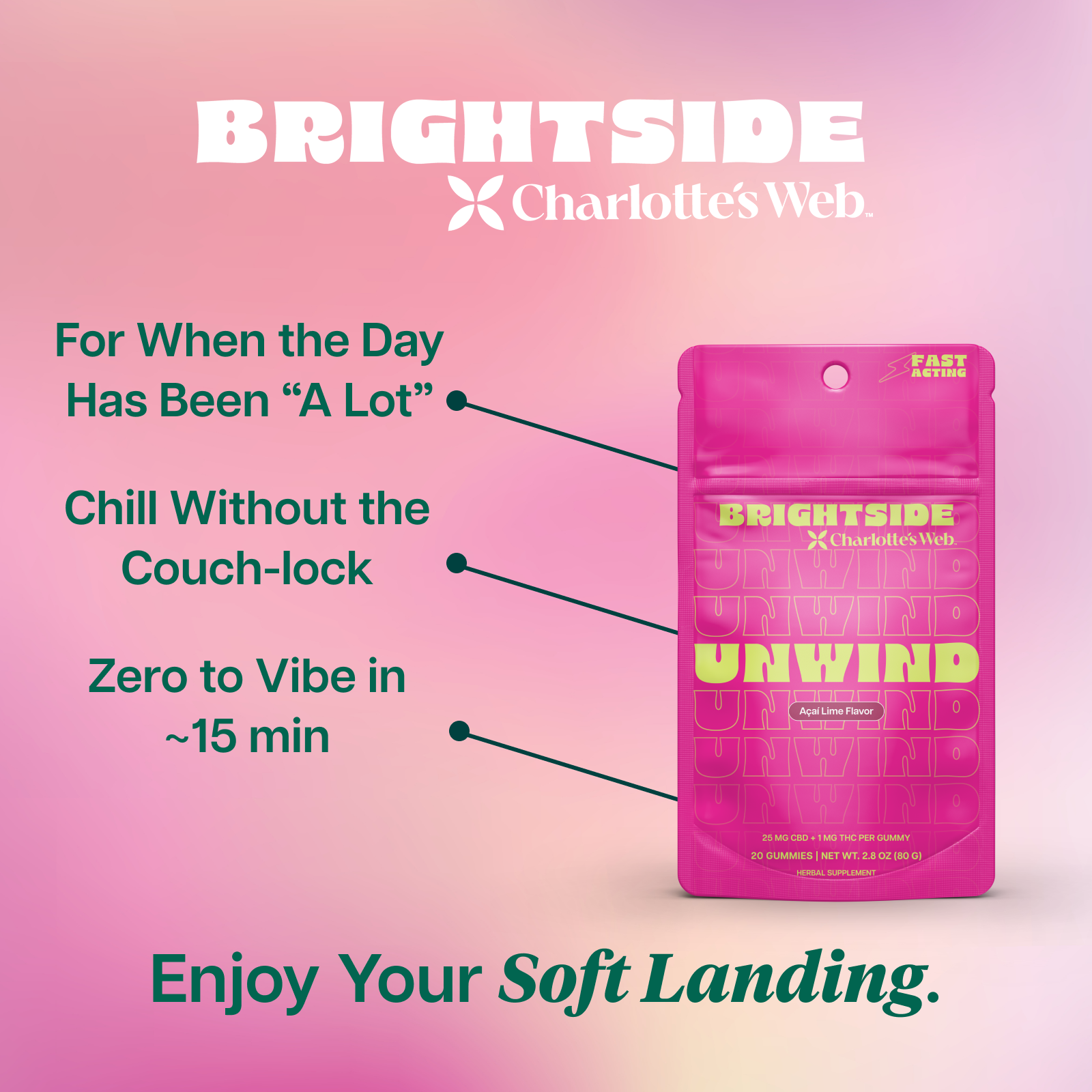 Product Image for Pink packaging of Brightside Charlotte&#39;s Web product on a pink gradient background