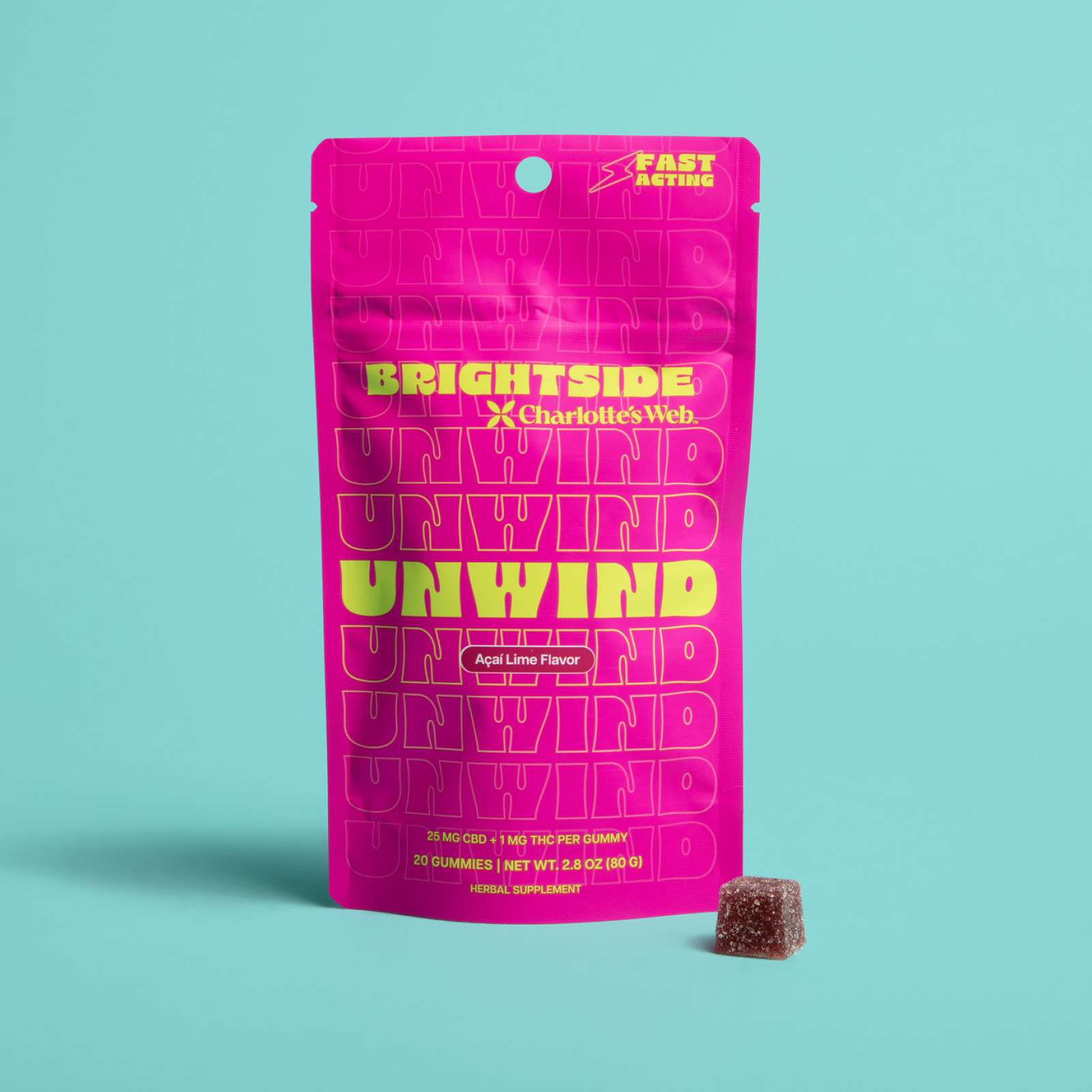 Product Image for Pink packaging of Brightside Unwind gummies by Charlotte&#39;s Web on a teal background