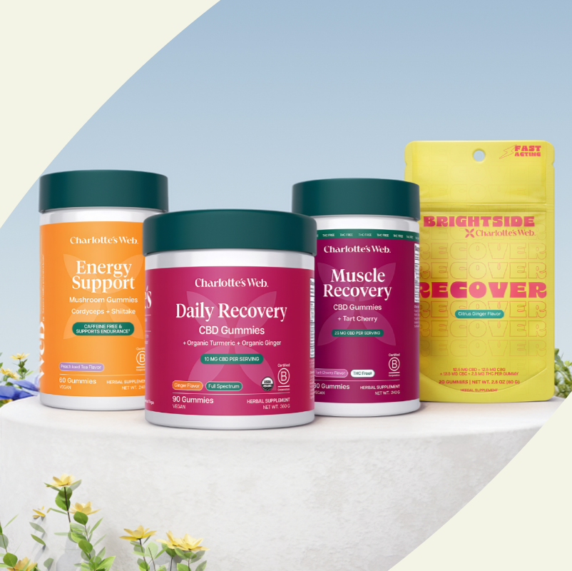 Collection of Charlotte's Web products on a light background with flowers